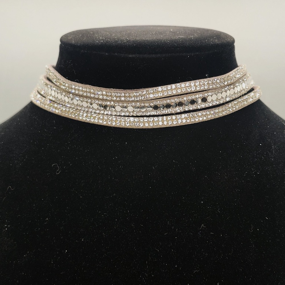 Multi-Strand Rhinestone Choker Necklace Adjustable Suede Crystal Fashion Sparkle